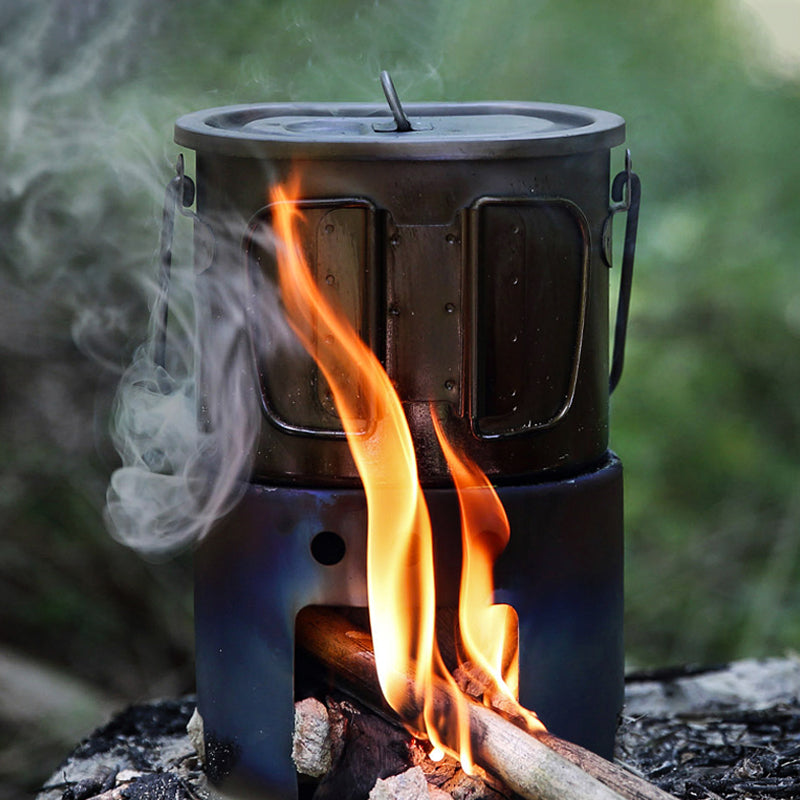 2 in 1 Camping Titanium Pot Wood Stove Set 800ml Canteen Cup