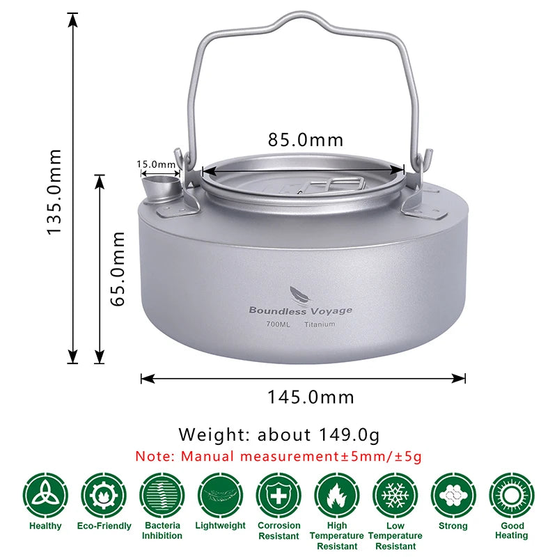 700ml Titanium Kettle Camping Tea Pot Water Jug