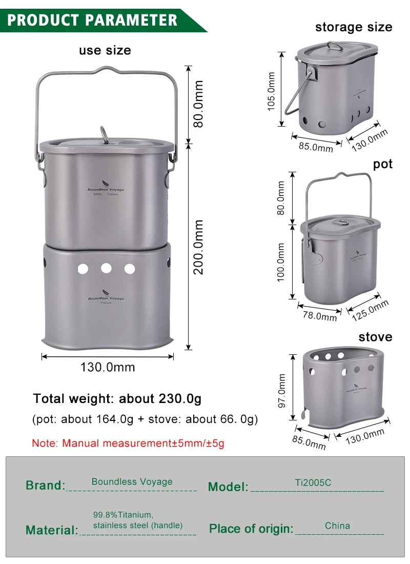 2 in 1 Camping Titanium Pot Wood Stove Set 800ml Canteen Cup