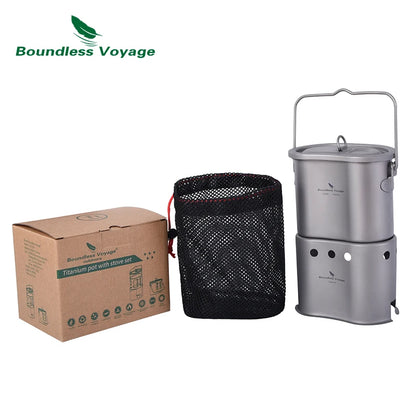 2 in 1 Camping Titanium Pot Wood Stove Set 800ml Canteen Cup