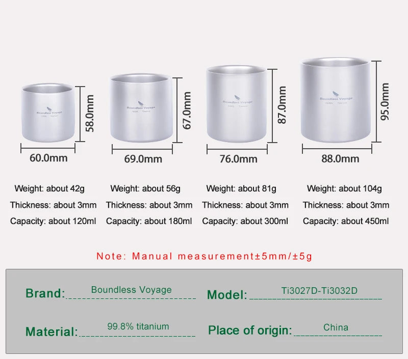 Titanium Cup Camping Mug Outdoor 4 in 1 Double Walled