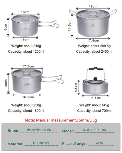 1.2L 1.8L 2.4L Titanium Pot 0.7L Camping Kettle Cookware