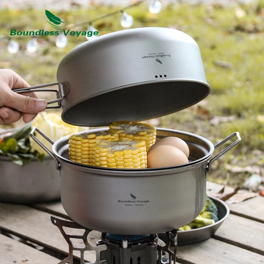 Camping Pot Pan Set Titanium Steamer Stockpot Fry Pan