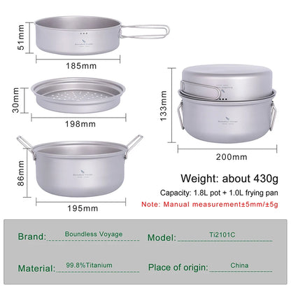 Camping Pot Pan Set Titanium Steamer Stockpot Fry Pan