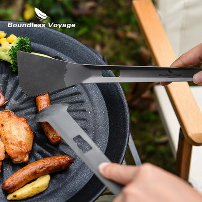 Titanium Alloy Multi Tong Spork Shovel Spatula All-In-One Utensil Portable Camping BBQ