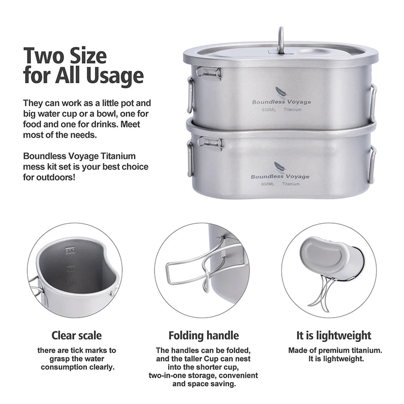 Juego de ollas y tazas de titanio para acampar Boundless Voyage de 300 ml y 600 ml, cuencos y cantimplora, kit de cocina para senderismo al aire libre, vajilla 