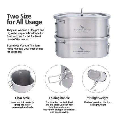 Juego de ollas y tazas de titanio para acampar Boundless Voyage de 300 ml y 600 ml, cuencos y cantimplora, kit de cocina para senderismo al aire libre, vajilla 