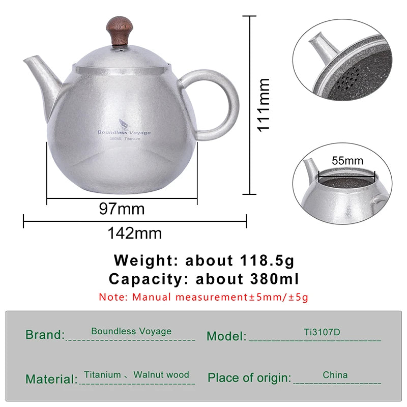 380ml Lightweight Travel Portable Titanium Tea Pot