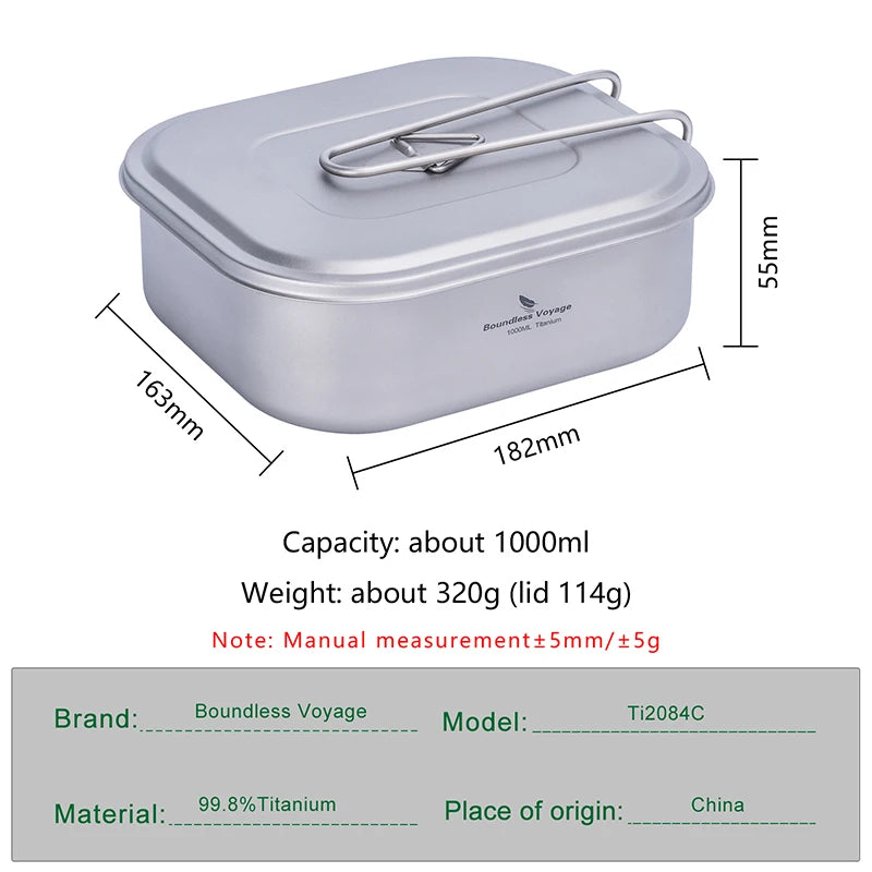 1000ml Titanium Military Mess Tin Camping Cookware Bento Box
