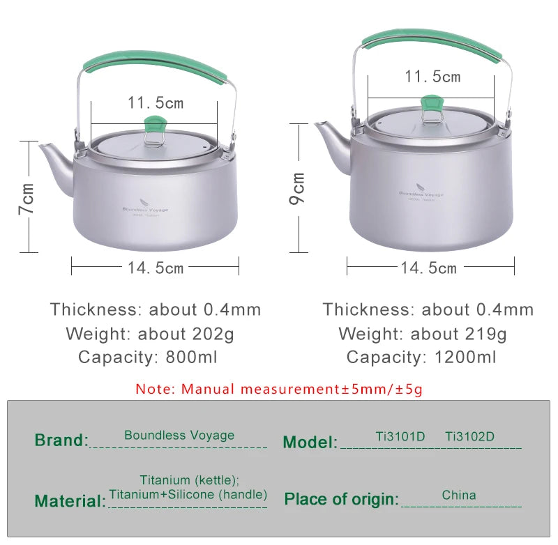 Boundless Voyage 800ml / 1.2L Camping Titanium Kettle Lightweight Tea Pot with Filter Outdoor Home Kitchen Coffee Water Kettle