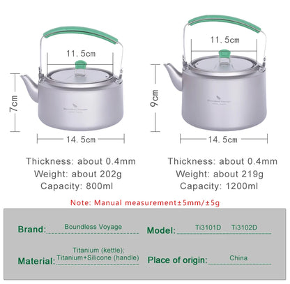 Boundless Voyage 800ml / 1.2L Camping Titanium Kettle Lightweight Tea Pot with Filter Outdoor Home Kitchen Coffee Water Kettle