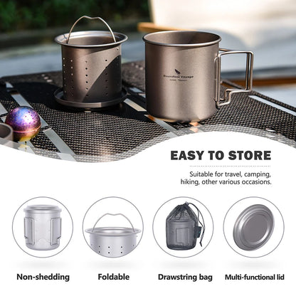 420ml Titanium Mug with Strainer & Lid Lightweight Camping Single Layer Tea Cup