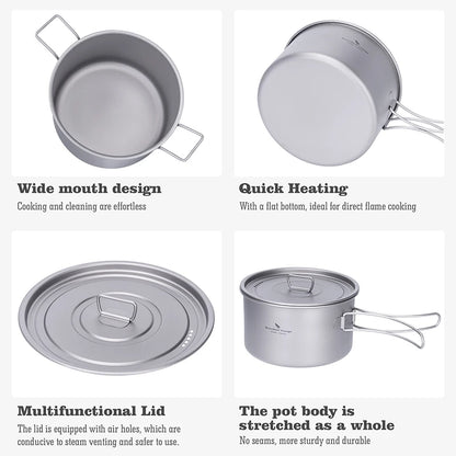 1.2L 1.8L 2.4L Titanium Pot 0.7L Camping Kettle Cookware