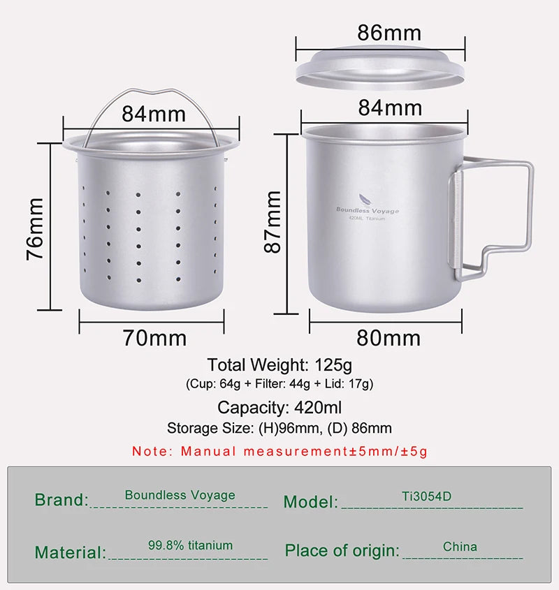 420ml Titanium Mug with Strainer & Lid Lightweight Camping Single Layer Tea Cup
