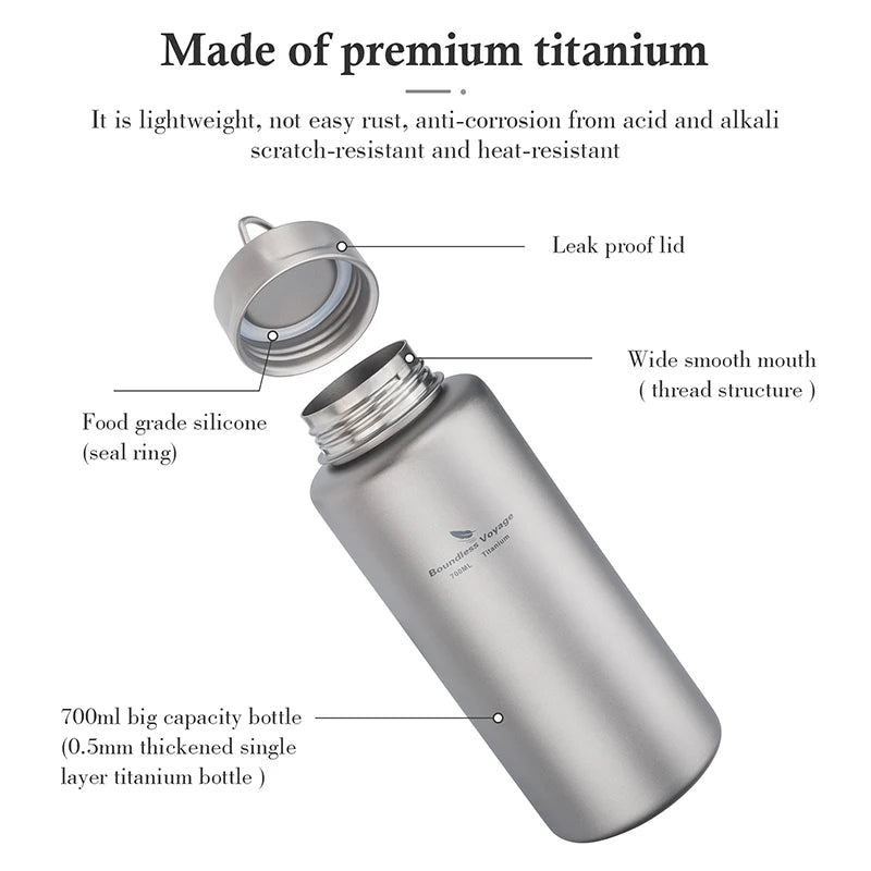 700ml Titanium Flask with Hook Ultralight Single Layer Metal Water Bottle