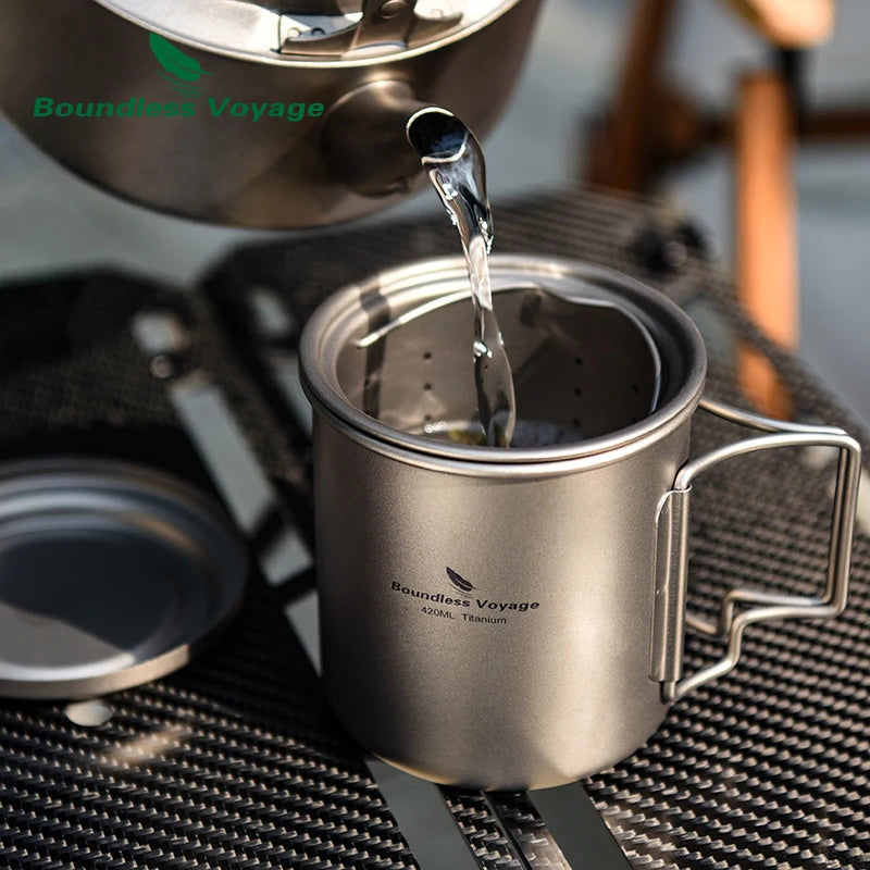 420ml Titanium Mug with Strainer & Lid Lightweight Camping Single Layer Tea Cup