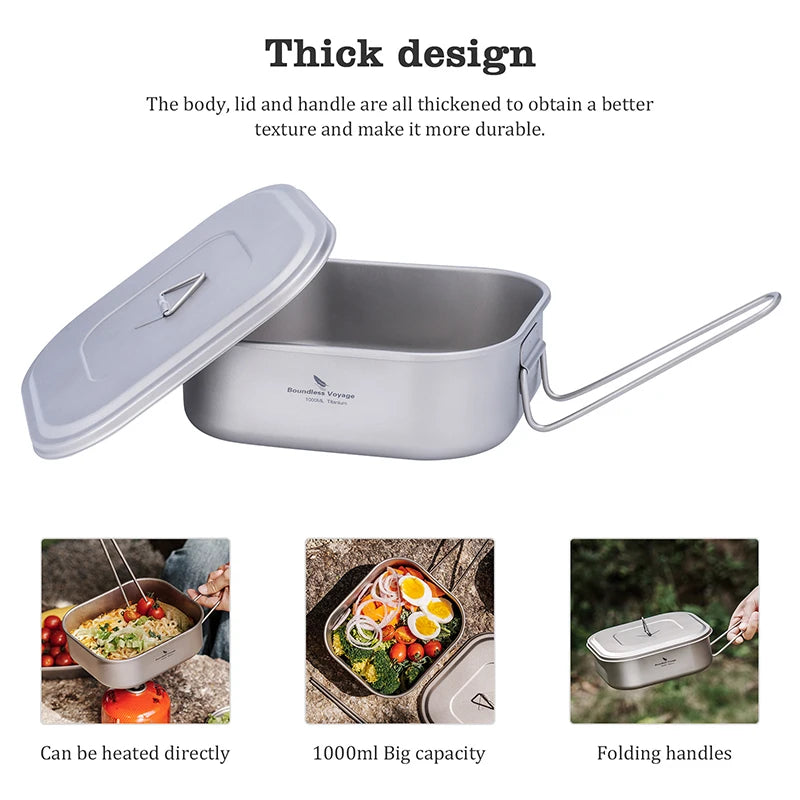 1000ml Titanium Military Mess Tin Camping Cookware Bento Box