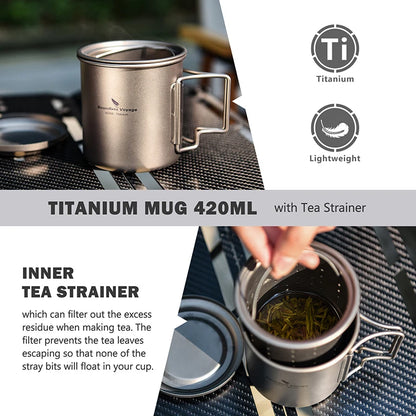 420ml Titanium Mug with Strainer & Lid Lightweight Camping Single Layer Tea Cup