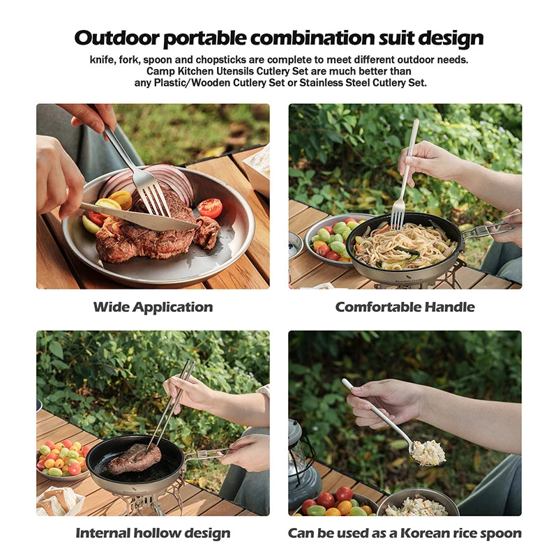 Camping Titanium Cutlery Set Long Handle Spoon Fork Knife