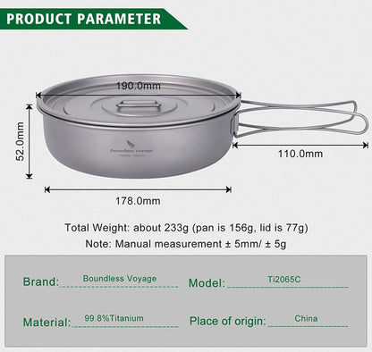 Sartén antiadherente para camping Boundless Voyage de 19 cm de titanio con tapa, ultraligera, para senderismo y exteriores 