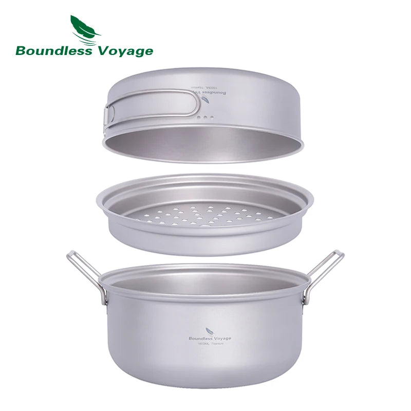 Camping Pot Pan Set Titanium Steamer Stockpot Fry Pan