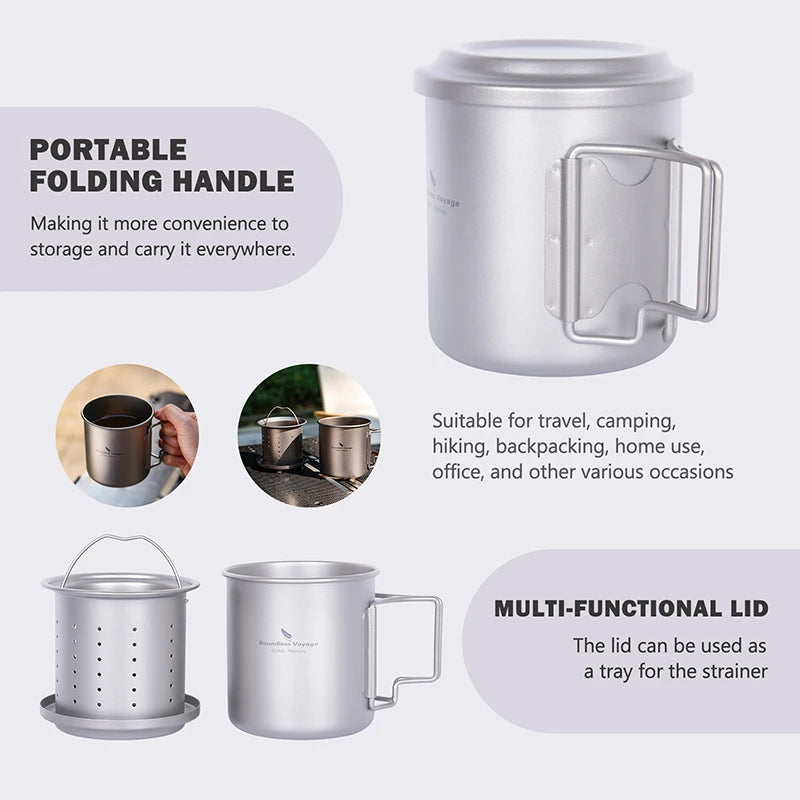 420ml Titanium Mug with Strainer & Lid Lightweight Camping Single Layer Tea Cup