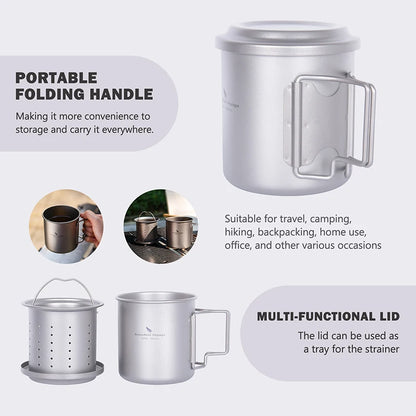 420ml Titanium Mug with Strainer & Lid Lightweight Camping Single Layer Tea Cup