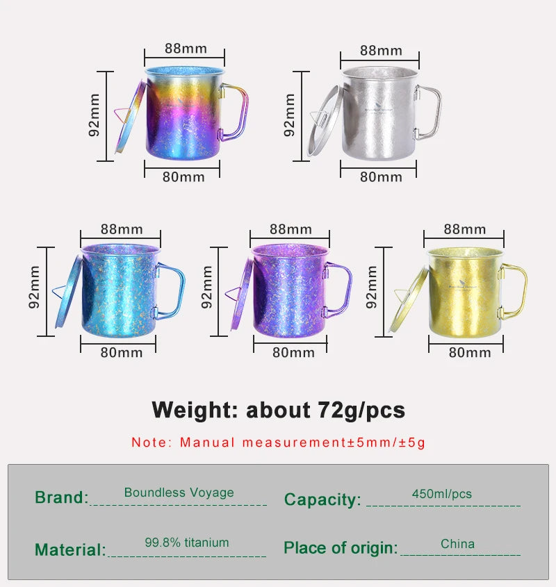 450ml Outdoor Camping Titanium Mug Colorful Tea Coffee Cup with Lid