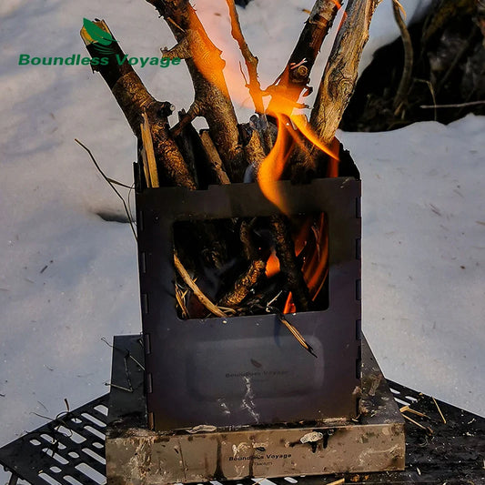 Estufa de leña para acampar Boundless Voyage, plegable, de titanio, para exteriores, con soporte para ollas, ligera, con quemador de carbón, horno portátil 