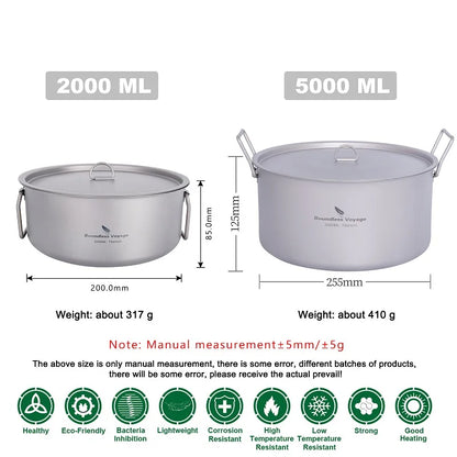 Camping Pot 2L / 5L Titanium Hot Pot Outdoor Portable Cookware with Lid