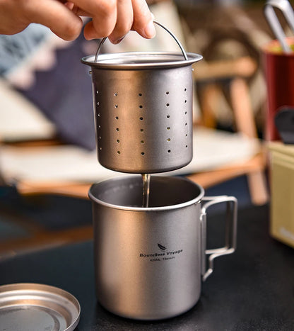 420ml Titanium Mug with Strainer & Lid Lightweight Camping Single Layer Tea Cup