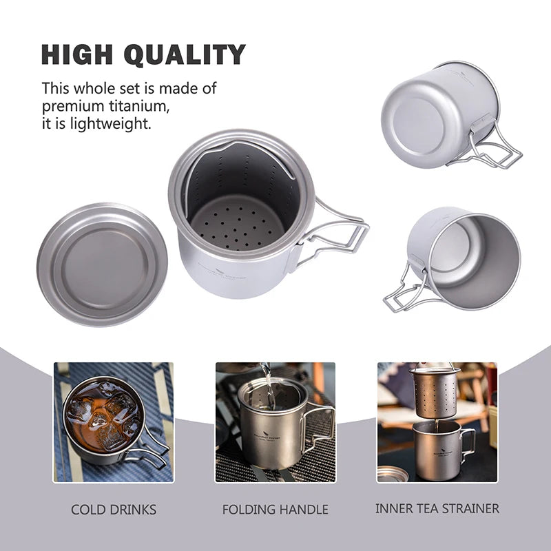 420ml Titanium Mug with Strainer & Lid Lightweight Camping Single Layer Tea Cup