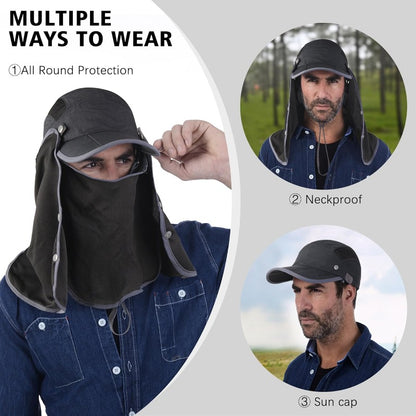 Foldable Fishing Cap with Neck Flap, UPF 50+ Sun Protection, Windproof, Removable Design, Multi-Level Adjustment